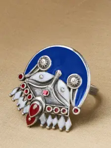 Priyaasi Silver-Plated Stones-Studded Meenakari Oxidized Finger Ring