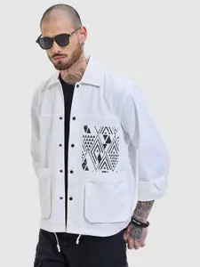 Snitch Men Spread Collar Geometric Printed Cotton Casual Tailored Jacket