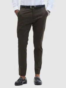 Snitch Men Dark Brown Plain Slim Fit Trousers
