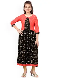 Sangria Girls Black Ethnic Motifs Printed Pleated Round Neck Pure Cotton A-Line Kurta