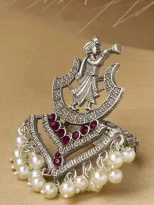 Priyaasi Silver-Plated Stone Studded & Beaded Oxidized Finger Ring