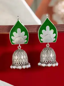 Priyaasi Silver-Plated Dome Shaped Pearls Oxidised Jhumkas Earrings