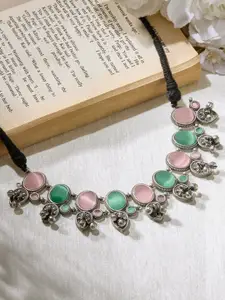 Priyaasi Brass Silver-Plated Emerald Stone Studded Oxidised Necklace