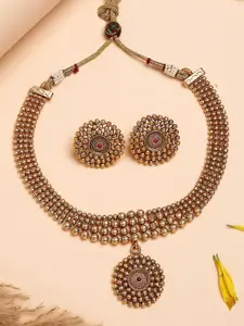 KARATCART Gold-Plated Kundan Stone Studded Round Balls Beaded Necklace and Earrings