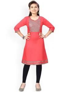 Sangria Girls Red Geometric Yoke Design Round Neck Pure Cotton Straight Kurta