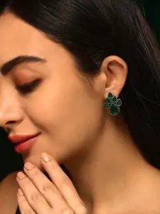 Priyaasi Silver-Plated Oxidized Leaf Shaped Emerald Stone Studded Studs Earrings