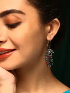 Priyaasi Silver-Plated Artificial Stones Oxidized Peacock Shaped Drop Earrings