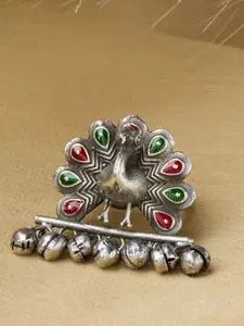 Priyaasi Silver-Plated Stone Studded & Beaded Oxidized Meenakari Peacock Finger Ring