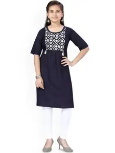 Sangria Girls Navy Blue Ethnic Motifs Printed Pure Cotton Kurta
