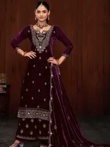 ODETTE Floral Embroidered Sequinned Velvet Semi-Stitched Dress Material