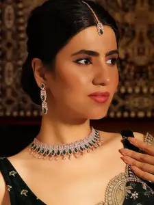 Priyaasi Gold Plated Green Emarld American Diamond Necklace & Earrings