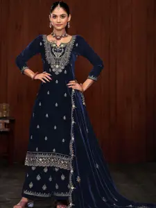 ODETTE Floral Embroidered Sequinned Velvet Semi-Stitched Dress Material