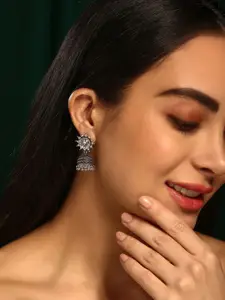 Priyaasi Silver-Plated Crystal Stone Studded Dome Shaped Oxidized Jhumkas