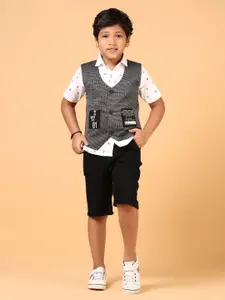 V-Mart Boys Printed Pure Cotton Shirt With Shorts With Waistcoat