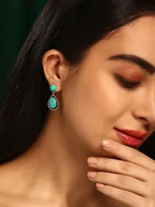 Priyaasi Silver Plated Stone Studded Teardrop Shaped Oxidized Marble Drop Earrings