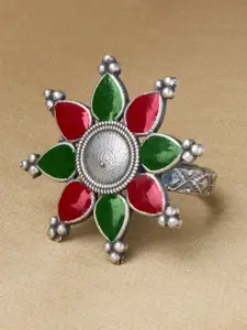 Priyaasi Silver-Plated Stone Studded Oxidized Meenakari Finger Ring