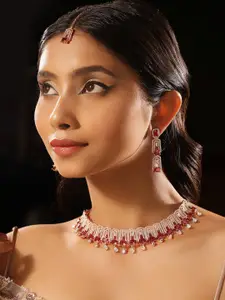 Priyaasi Gold Plated Red Ruby American Diamond Necklace & Earrings
