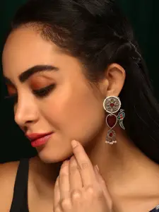 Priyaasi Silver-Plated Faux Ruby Studded Oxidised Contemporary Drop Earrings
