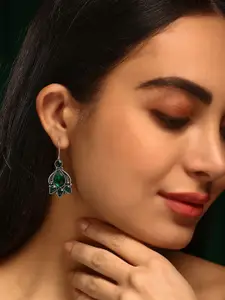 Priyaasi Silver Plated Emerald Studded Oxidized Contemporary Drop Earrings