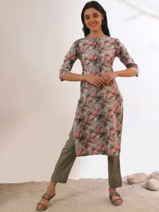AURELIA Green & Peach Coloured Floral Printed Mandarin Collar Pure Cotton Straight Kurta