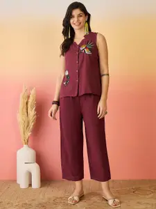 Sangria Maroon And White Embroidered V-Neck Pure Cotton Top & Trousers