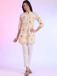 AURELIA Floral Printed Mandarin Collar Pure Cotton A-Line Kurti