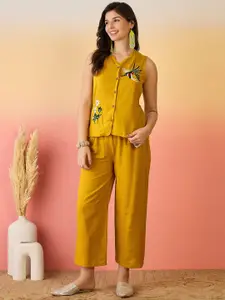 Sangria Mustard And Green Embroidered V-Neck Pure Cotton Top & Trousers