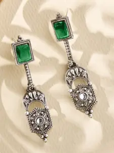 Priyaasi Silver-Plated Emerald Stone Studded Contemporary Oxidized Drop Earrings