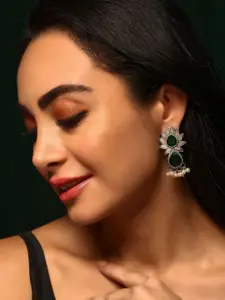 Priyaasi Silver-Plated Emerald Stone Studded & Beaded Contemporary Drop Earrings