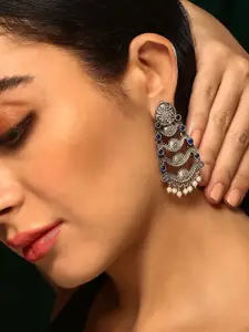 Priyaasi Silver-Plated Stone Studded Oxidized Kemp Contemporary Chandbalis Earrings