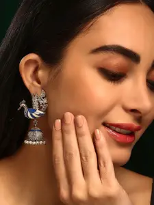 Priyaasi Silver-Plated Beaded Peacock Shaped Oxidised Jhumkas Earrings