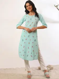 AURELIA Floral Embroidered Round Neck Pure Cotton Straight Kurta