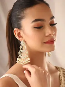 Priyaasi Gold-Plated Kundan Stone Studded & Beaded Contemporary Chandbalis