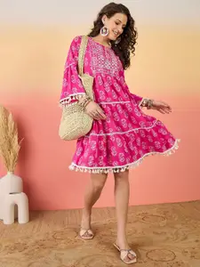 Sangria Floral Printed Fit & Flare Above Knee Dress