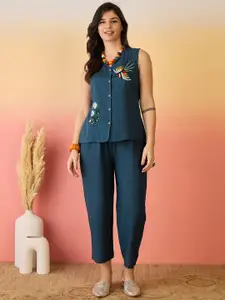 Sangria Blue And White Embroidered V-Neck Pure Cotton Top & Trousers