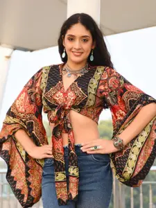 Boholyfe Tropical Print Kimono Sleeve Bohemian Wrap Crop Top