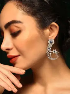 Priyaasi Silver-Plated Floral Oxidised Artificial Stones Drop Earrings