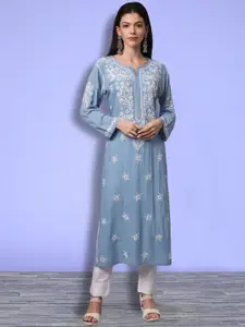 PARAMOUNT CHIKAN Floral Embroidered Notch Neck Chikankari Straight Kurta