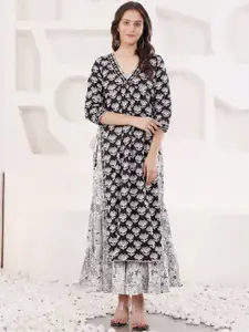 SAVI Floral Printed Cotton Gotta Patti V-Neck Empire Kurta With Tiered Inner