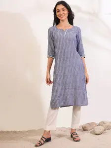 AURELIA Striped Notch-Neck Cotton Straight Kurta