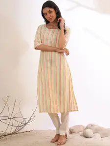AURELIA Striped Round Neck Cotton Straight Kurta