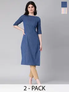 KALINI Selection Of 2 Striped Round Neck Straight Kurtas