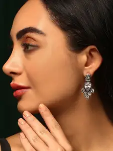 Priyaasi Silver Plated Crystal Studded Oxidized Contemporary Drop Earrings