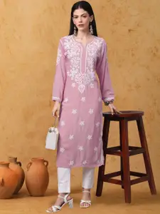PARAMOUNT CHIKAN Floral Embroidered Notch Neck Chikankari Straight Kurta