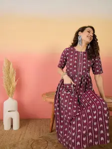 Sangria Women Cotton Self Design Fit & Flare Dress With Pocket Detailing