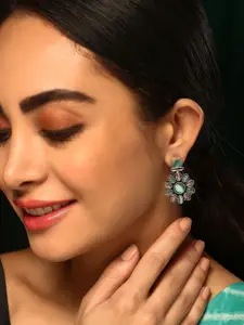 Priyaasi Silver Plated Crystal Studded Oxidized Geometric Drop Earrings
