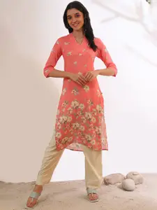 AURELIA Floral Printed V-Neck Straight Kurta