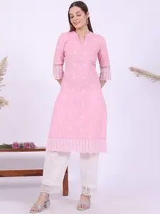 AURELIA Floral Embroidered Mandarin Collar Thread Work Pure Cotton Straight Kurtas