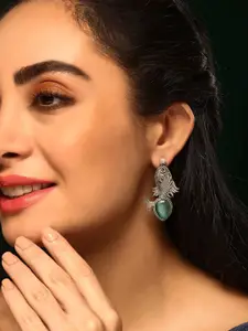 Priyaasi Silver Plated Onyx Fish Shaped Oxidized Drop Earrings