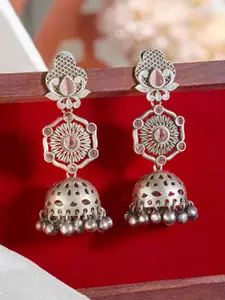 Priyaasi Silver Plated Oxidised Crystals Stone Studded Dome Shaped Jhumkas
